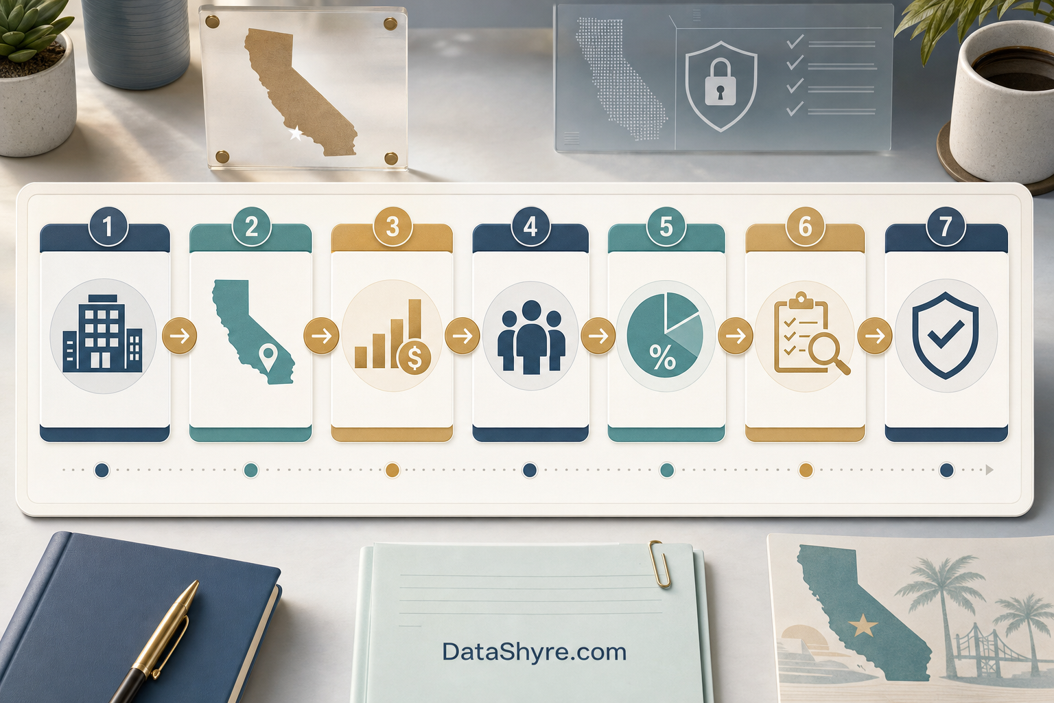 Workflow illustration showing CCPA scope analysis moving from for-profit and California nexus checks into revenue, 100,000 household, and 50% data-revenue tests, then into 2026 risk-assessment and enforcement checks with subtle visible branding text DataShyre.com