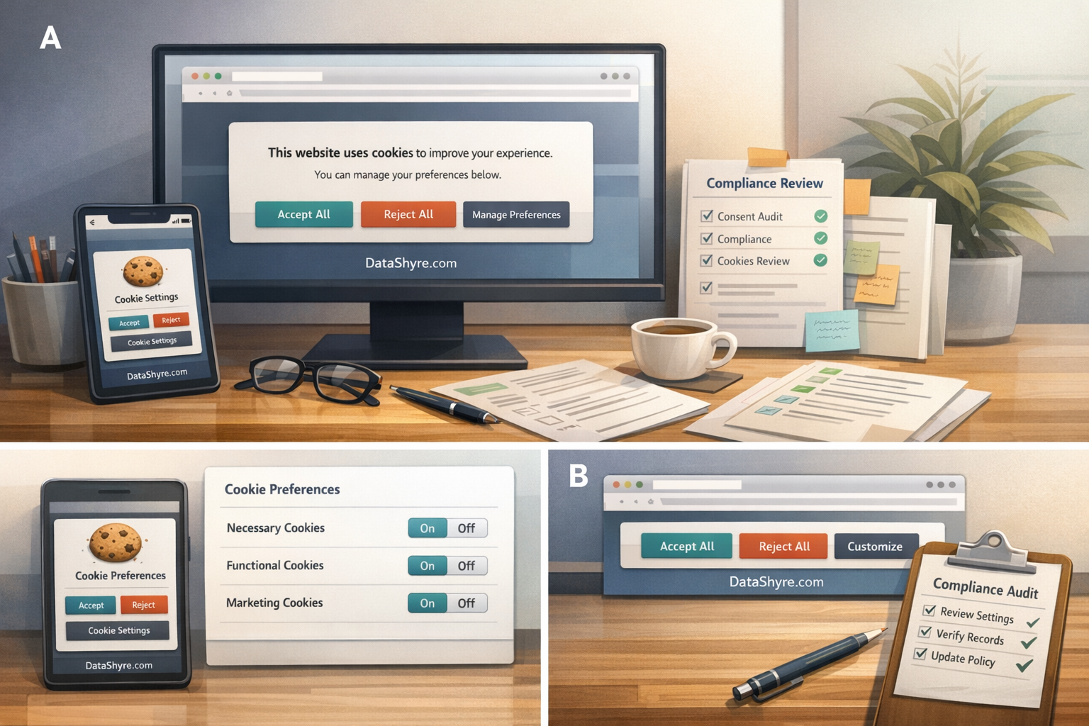 Workflow illustration showing cookie consent examples flowing from balanced banner choices into category controls, tag timing checks, audit records, and subtle visible branding text DataShyre.com