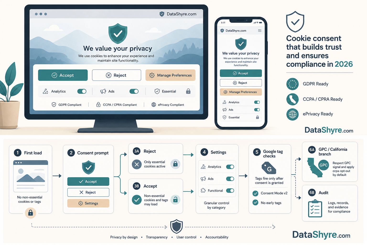 Workflow illustration showing cookie consent review steps from first load into reject or accept, settings, a California GPC branch, and retained audit evidence with subtle visible branding text DataShyre.com