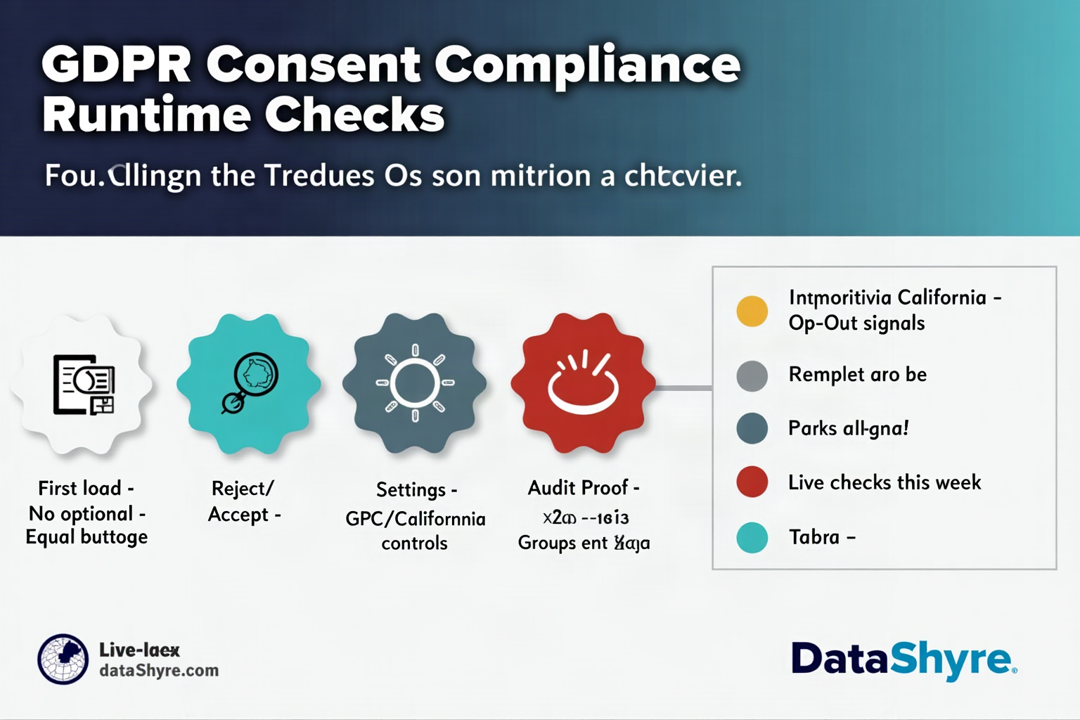GDPR consent runtime workflow showing five steps from first load to audit proof, DataShyre.com branding