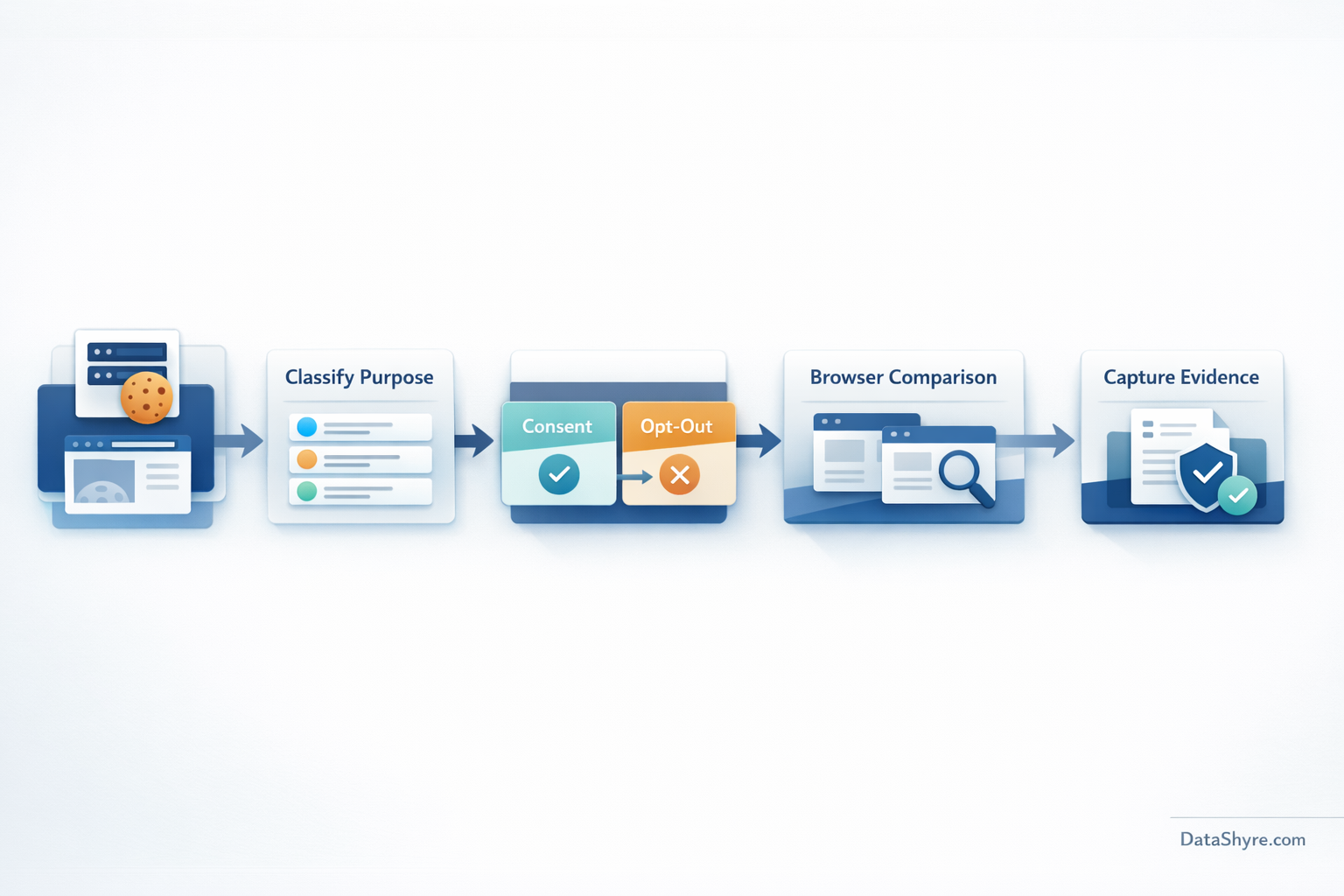 Workflow illustration showing an internet-cookies review moving from Set-Cookie and browser storage into purpose mapping, consent and Global Privacy Control checks, browser comparisons, evidence capture, and subtle visible branding text DataShyre.com