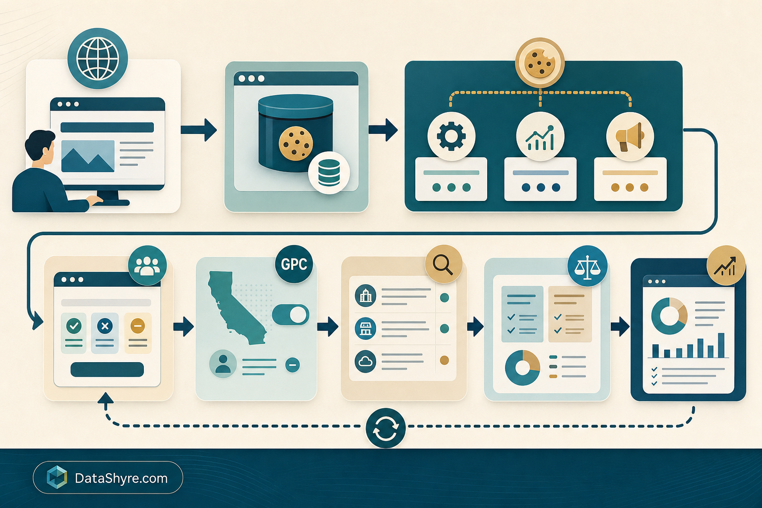 Workflow illustration showing a live website-cookies review moving from browser visit into cookie storage, necessary and optional branches, consent and GPC testing, vendor checks, and subtle visible branding text DataShyre.com