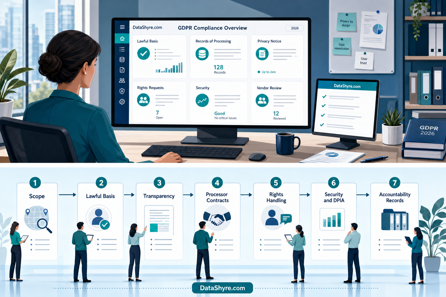Workflow illustration showing seven GDPR compliance checks flowing through scope, lawful basis, notices, vendor controls, rights handling, security review, and records with subtle visible branding text DataShyre.com